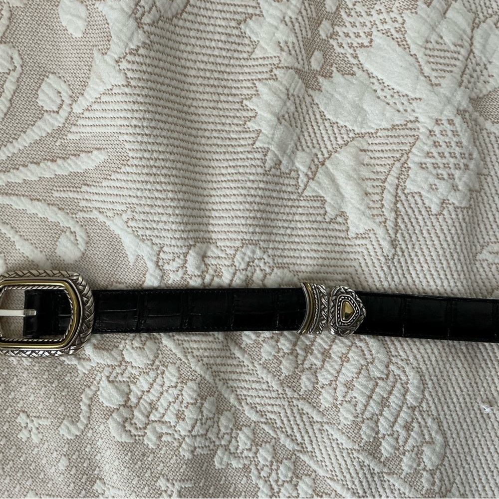 Black Croc-Embossed Leather Belt with Silver-Tone Buckle